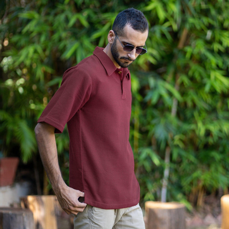 Barn Red Cotton Waffle Flat Collar Polo T-Shirt