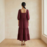 Barn Red Cotton Waffle Square Neck Tiered Midi Dress