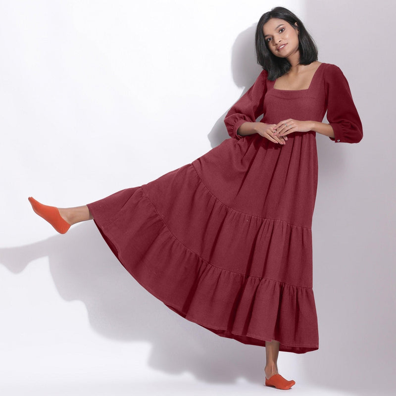 Front View of a Model wearing Barn Red Cotton Honeycomb Waffle Tier Dress