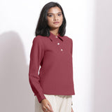 Right View of a Model wearing Barn Red Cotton Waffle Polo Shirt