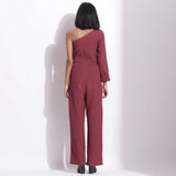 Back View of a Model wearing Barn Red Honeycomb One-Shoulder Jumpsuit