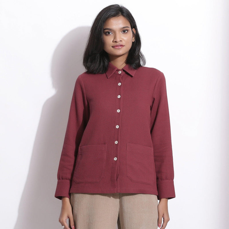 Front View of a Model wearing Barn Red Waffle Button-Down Pocket Shirt