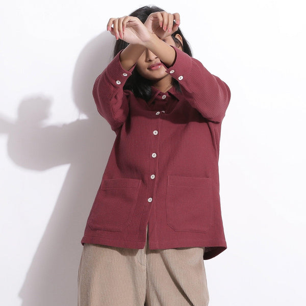 Front View of a Model wearing Barn Red Warm Cotton Waffle Button-Down Pocket Shirt