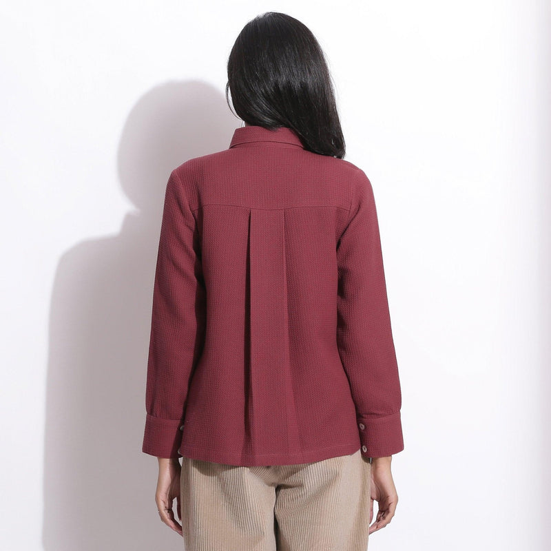 Back View of a Model wearing Barn Red Waffle Button-Down Pocket Shirt