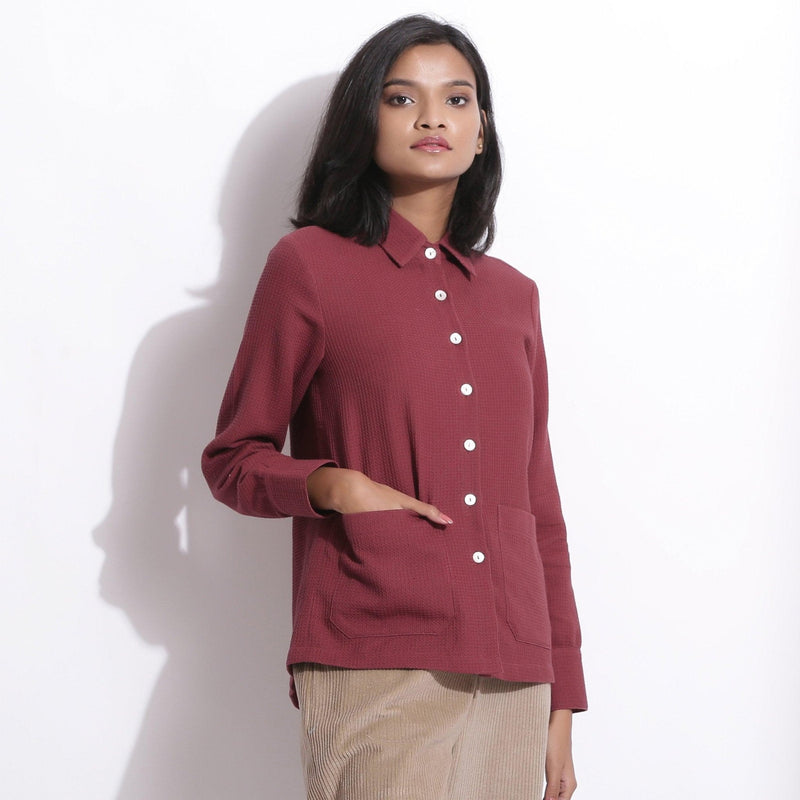 Front View of a Model wearing Barn Red Waffle Button-Down Pocket Shirt