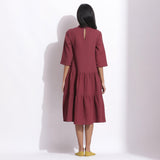 Back View of a Model wearing Barn Red Warm Cotton Waffle High Neck Midi Dress