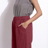 Front View of a Model wearing Comfy Barn Red Cotton Waffle Jogger Pants