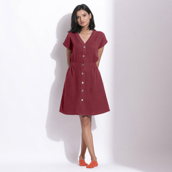 Front View of a Model wearing Cotton Waffle Barn Red Button-Down Dress