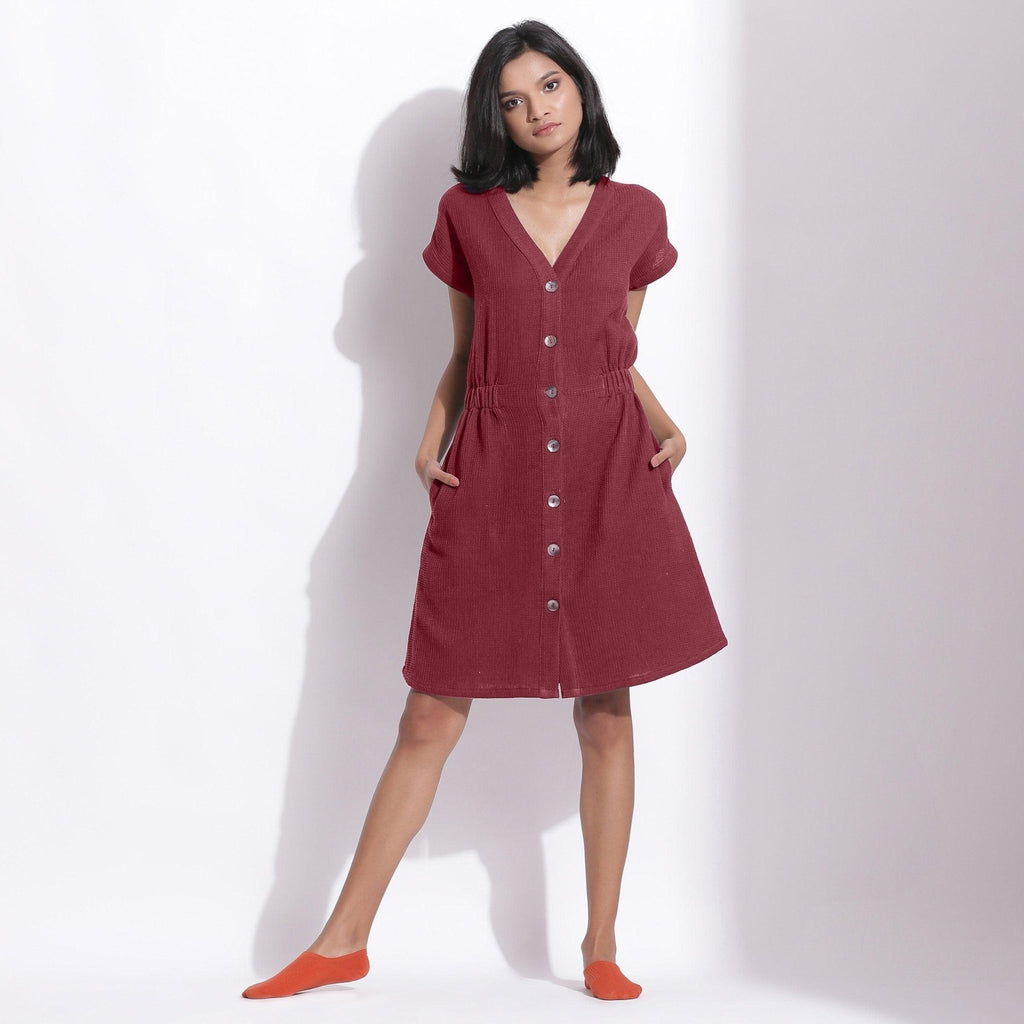 Barn Red 100% Cotton Waffle Knee Length Dress, Customizable Dress for Women, Comfort Fit retailer Shift Dress