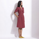 Right View of a Model wearing Cotton Waffle Barn Red Coat Dress