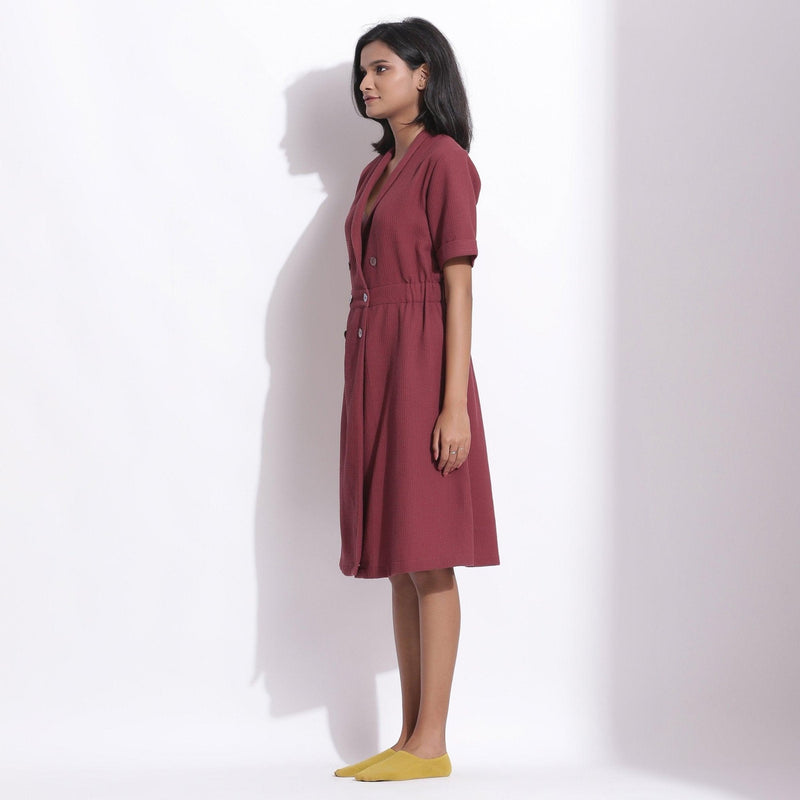 Left View of a Model wearing Barn Red Warm Cotton Waffle Knee Length Coat Dress