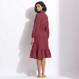 Back View of a Model wearing Barn Red Cotton Waffle Button-Down Dress