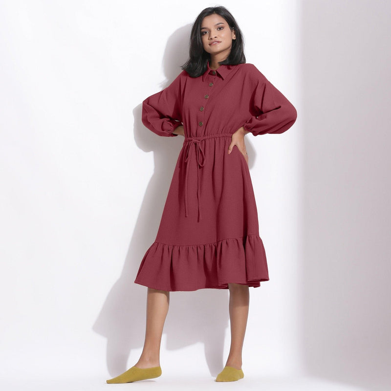 Front View of a Model wearing Barn Red Cotton Waffle Button-Down Dress