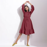 Front View of a Model wearing Barn Red Cotton Waffle Button-Down Dress