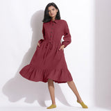 Front View of a Model wearing Barn Red Cotton Waffle Button-Down Dress