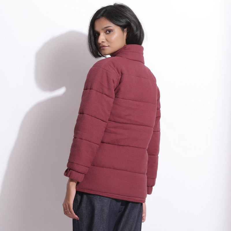 Back View of a Model wearing Barn Red Waffle Quilted Puffer Jacket