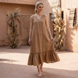 Beige 100% Cotton A-Line V-Neck Sleeveless Maxi Tier Dress