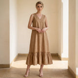 Beige 100% Cotton A-Line V-Neck Sleeveless Maxi Tier Dress