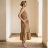 Beige 100% Cotton A-Line V-Neck Sleeveless Maxi Tier Dress