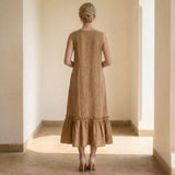 Beige 100% Cotton A-Line V-Neck Sleeveless Maxi Tier Dress