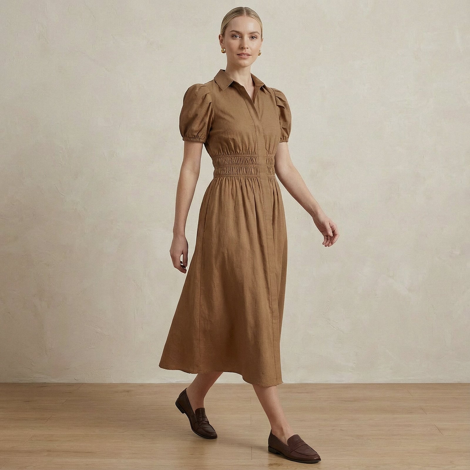Beige 100% Cotton Button-Down Midi Shirt Dress 70" / Tall (5'7" and above) Beige 100% Cotton Button-Down Midi Shirt Dress 70" / Tall (5'7" and above)