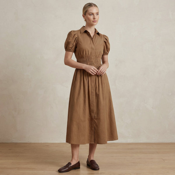 Beige 100% Cotton Button-Down Midi Shirt Dress 70
