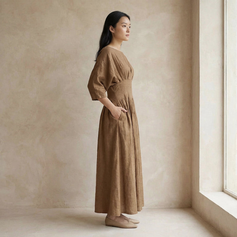 beige flared dress 100% Cotton Cinched Waist Maxi 66