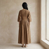 Beige 100% Cotton Cinched Waist Flared Maxi Dress