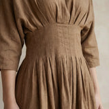 Beige 100% Cotton Cinched Waist Flared Maxi Dress