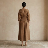 Beige 100% Cotton Deep-V Neck Empire Waist Maxi Dress