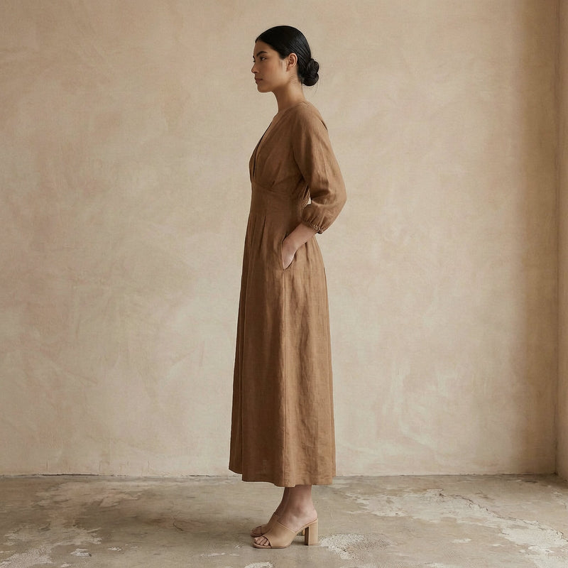 Beige 100% Cotton Deep-V Neck Empire Waist Maxi Dress 32 Beige 100% Cotton Deep-V Neck Empire Waist Maxi Dress 32