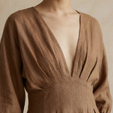 Beige 100% Cotton Deep-V Neck Empire Waist Maxi Dress