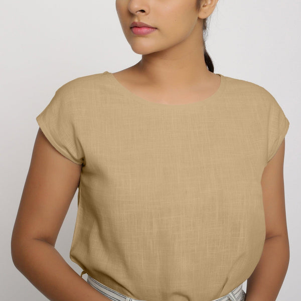 Front Detail of a Model wearing Beige Cotton Slub Straight Top