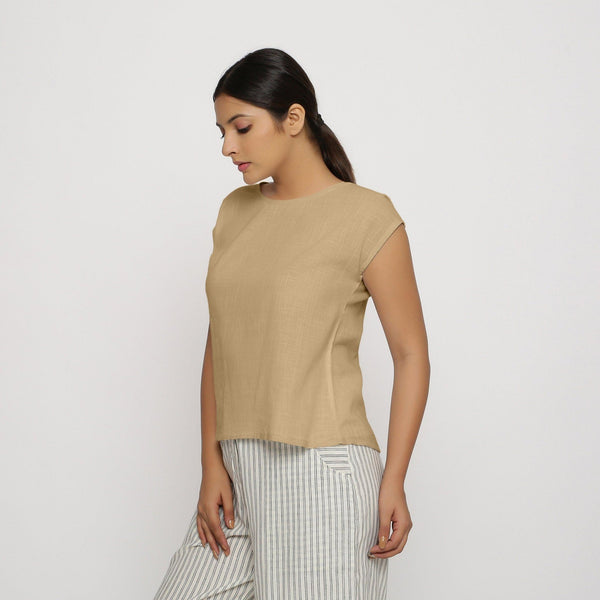 Left View of a Model wearing Beige Cotton Slub Straight Top