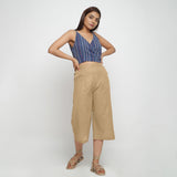 Front View of a Model wearing Beige Cotton High Rise Culottes