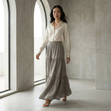 Beige 100% Cotton Elasticated Maxi Tier Skirt
