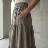 Beige 100% Cotton Elasticated Maxi Tier Skirt