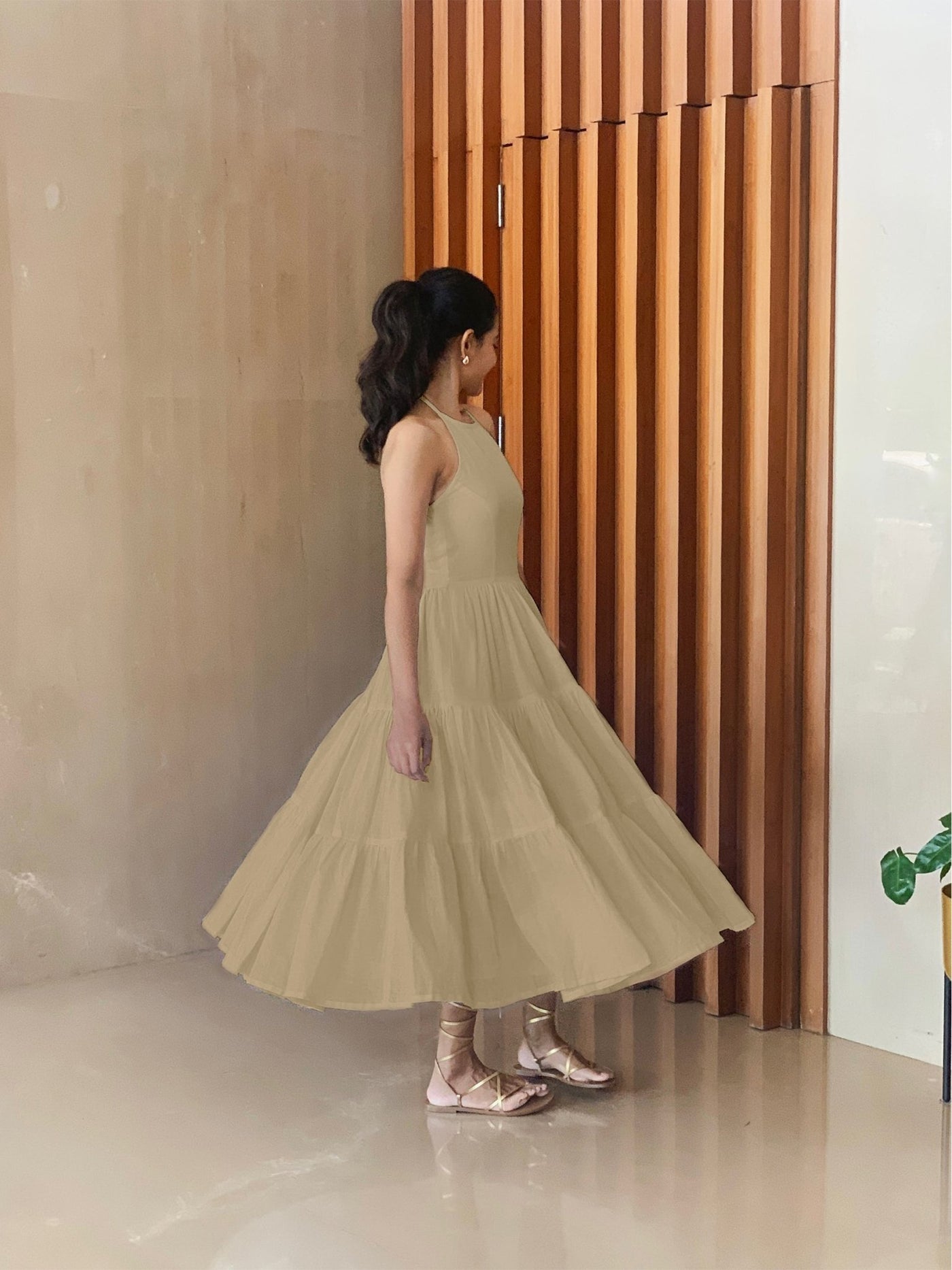 Beige 100% Cotton Halter Neck Tier Midi Dress 36