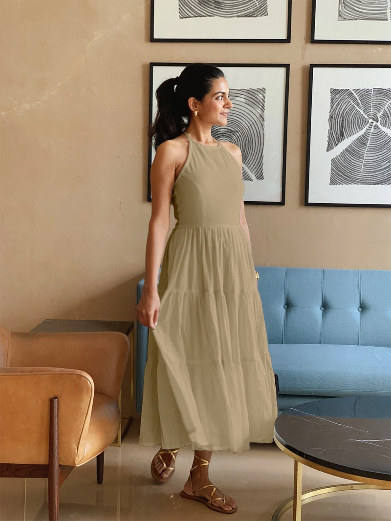 Beige 100% Cotton Halter Neck Tier Midi Dress