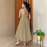 Beige 100% Cotton Halter Neck Tier Midi Dress