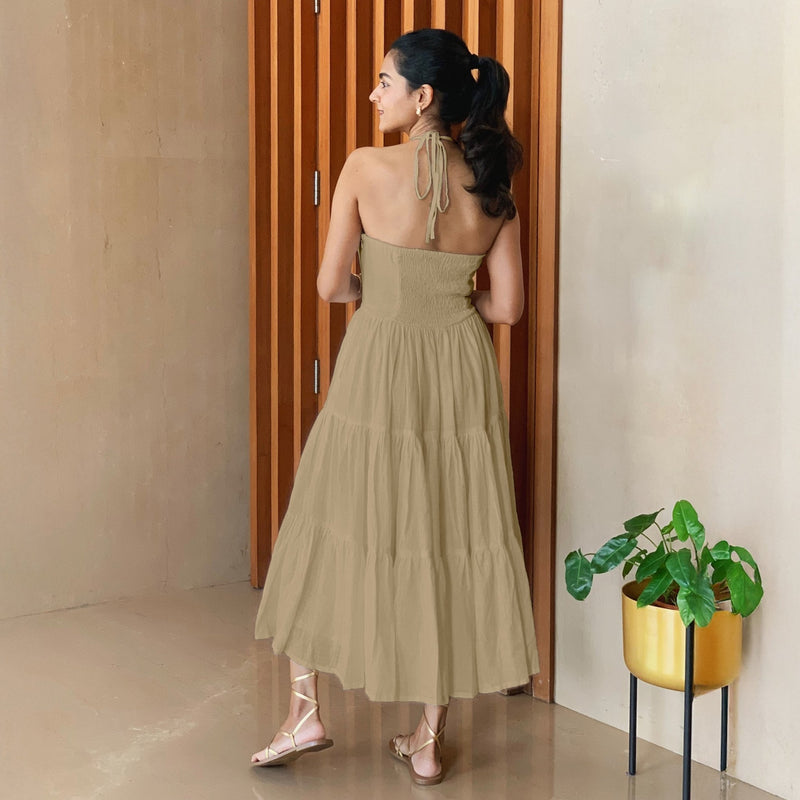 Beige 100% Cotton Halter Neck Tier Midi Dress 36" / Petite (5'1" and below) Beige 100% Cotton Halter Neck Tier Midi Dress 36" / Petite (5'1" and below)