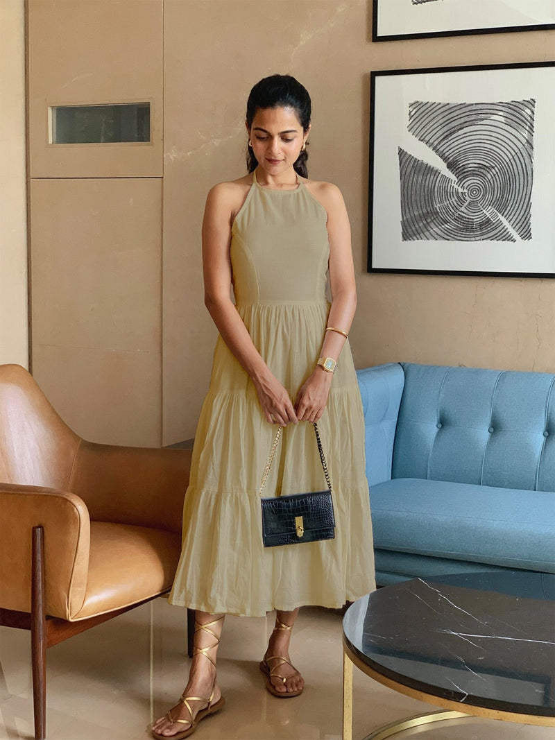 Beige 100% Cotton Halter Neck Tier Midi Dress 36" / Petite (5'1" and below) Beige 100% Cotton Halter Neck Tier Midi Dress 36" / Petite (5'1" and below)