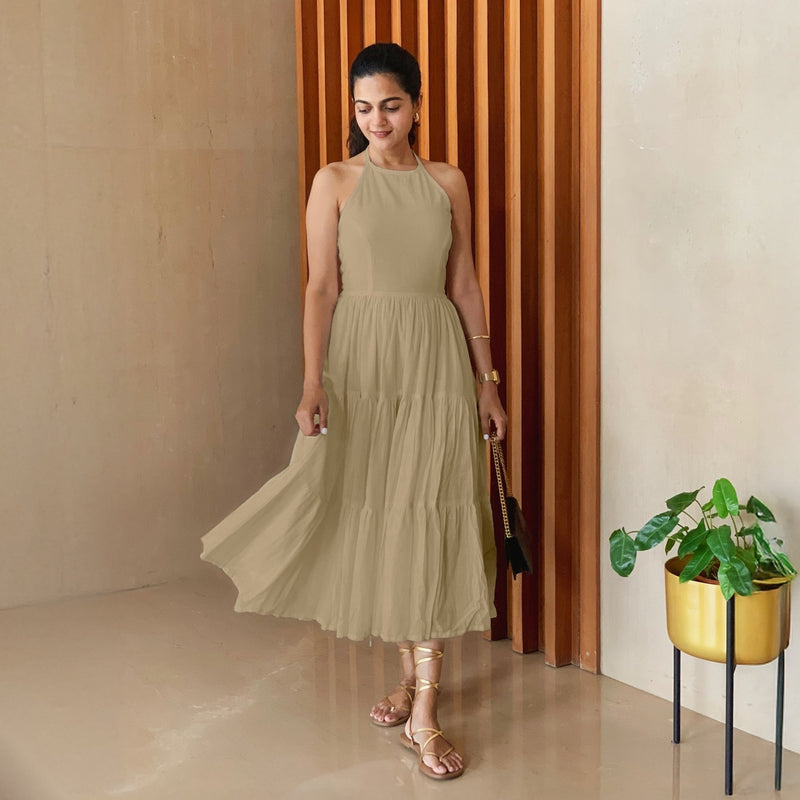 Beige 100% Cotton Halter Neck Tier Midi Dress