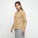 Left View of a Model wearing Beige 100% Cotton Peter Pan Collar Shirt