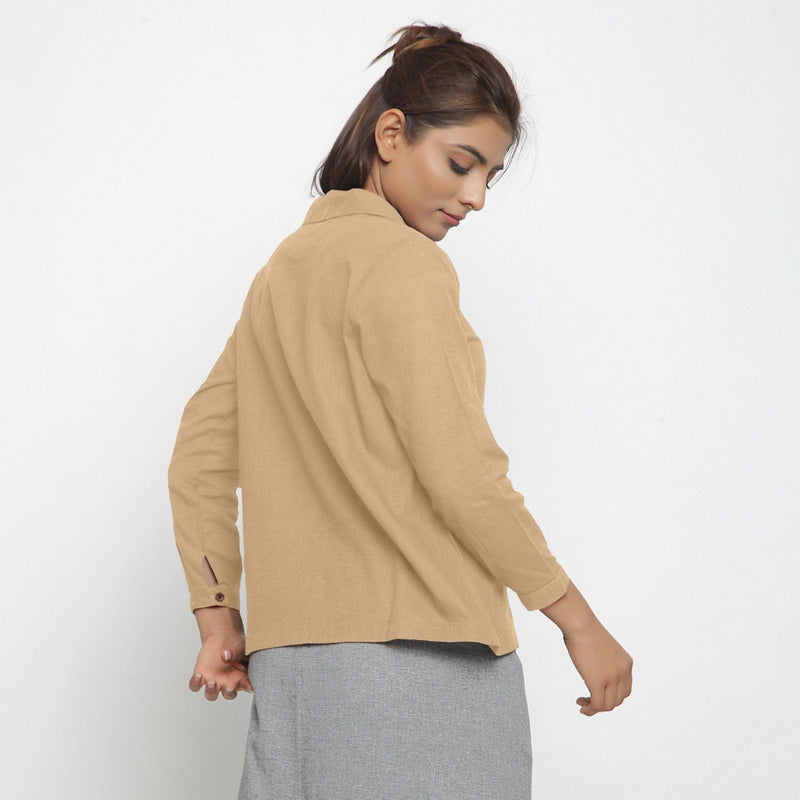 Back View of a Model wearing Beige 100% Cotton Peter Pan Collar Shirt