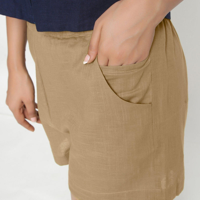 Front Detail of a Model wearing Beige Solid Cotton Short Shorts