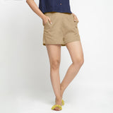 Beige 100% Cotton Relaxed Fit Elasticated Short Shorts