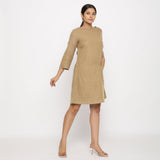 Front View of a Model wearing Beige Yoked Cotton Tunic Dress