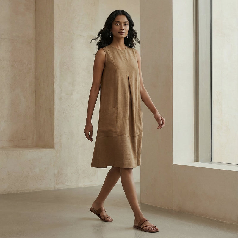 Beige 100% Cotton Sleeveless Paneled Swing Dress 58