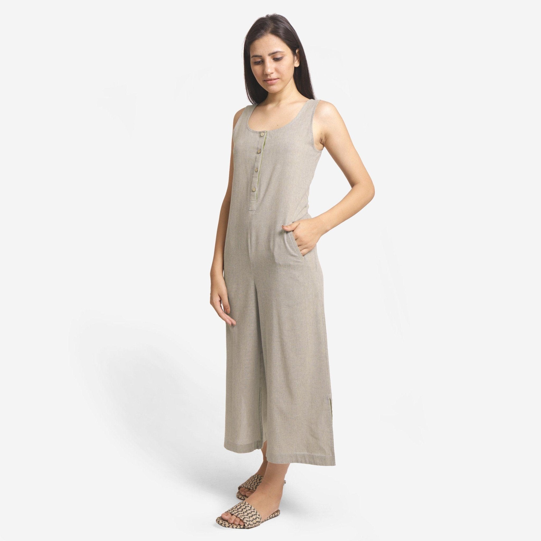 Beige 100% Cotton Sleeveless Wide Legged Jumpsuit